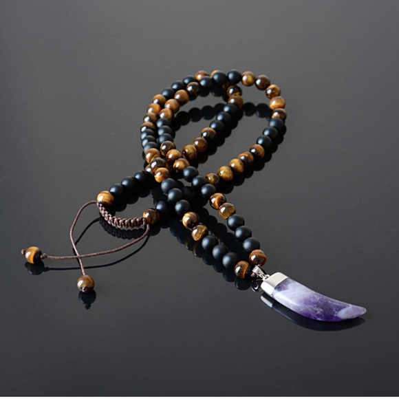 Tribal Long Beaded Necklace w/ a Horn Tusk Pendant Amethyst Tiger Eye Black Onyx - Picture 3 of 7